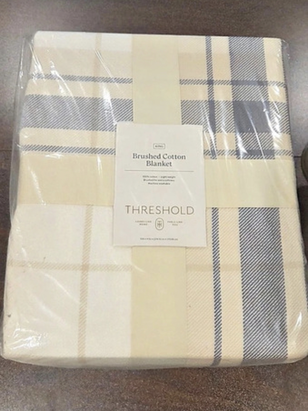 Threshold King Size Brushed Cotton Blanket Plaid Cream & Blue NWT